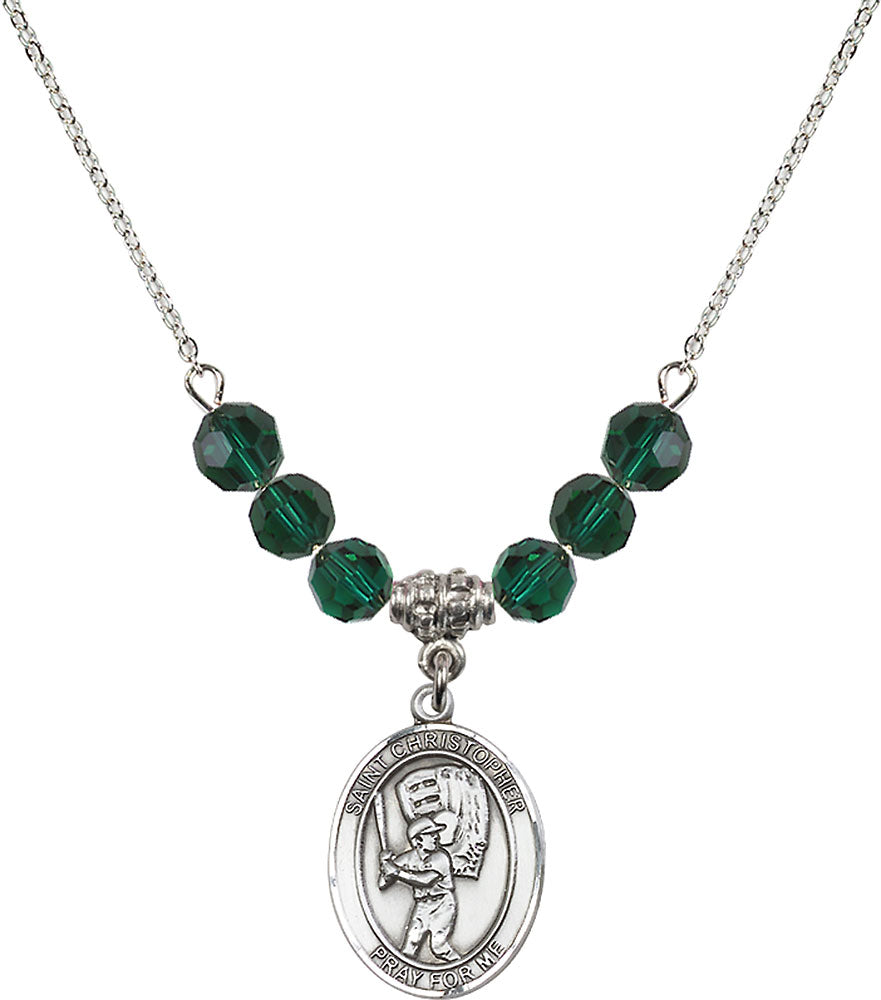 Sterling Silver Saint Christopher/Baseball Birthstone Necklace with Emerald Beads - 8500