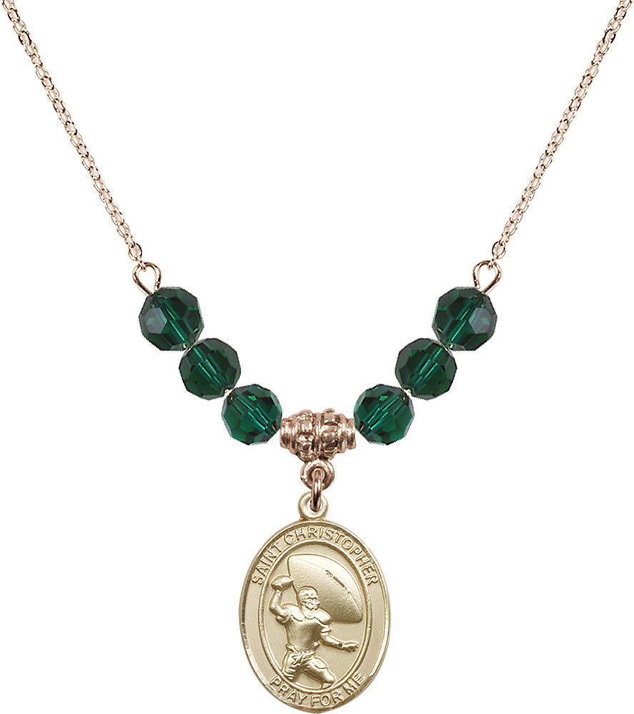 14kt Gold Filled Saint Christopher / Football Birthstone Necklace with Emerald Beads - 8501