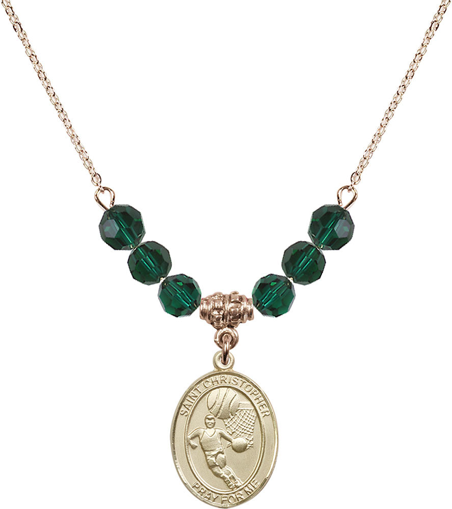 14kt Gold Filled Saint Christopher/Basketball Birthstone Necklace with Emerald Beads - 8502