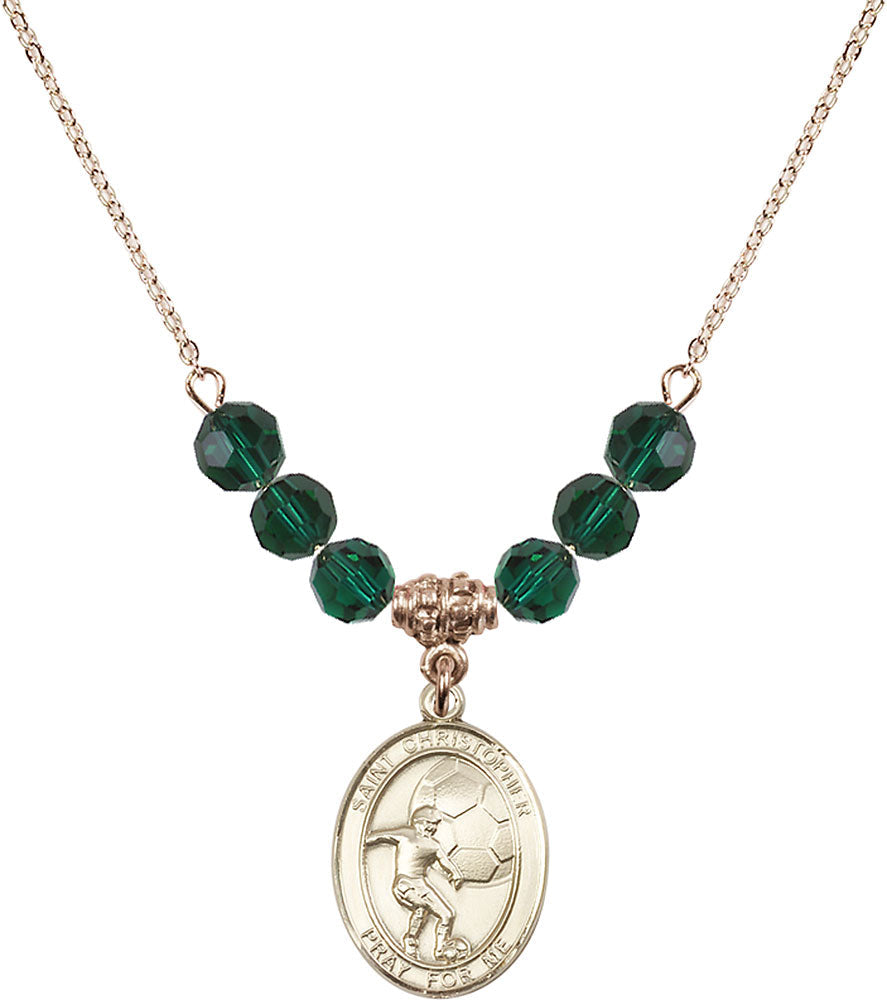 14kt Gold Filled Saint Christopher/Soccer Birthstone Necklace with Emerald Beads - 8503