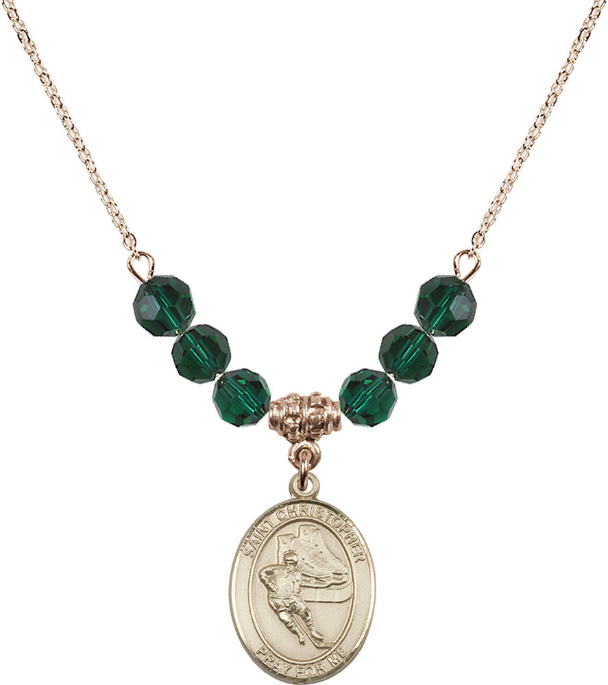 14kt Gold Filled Saint Christopher/Hockey Birthstone Necklace with Emerald Beads - 8504