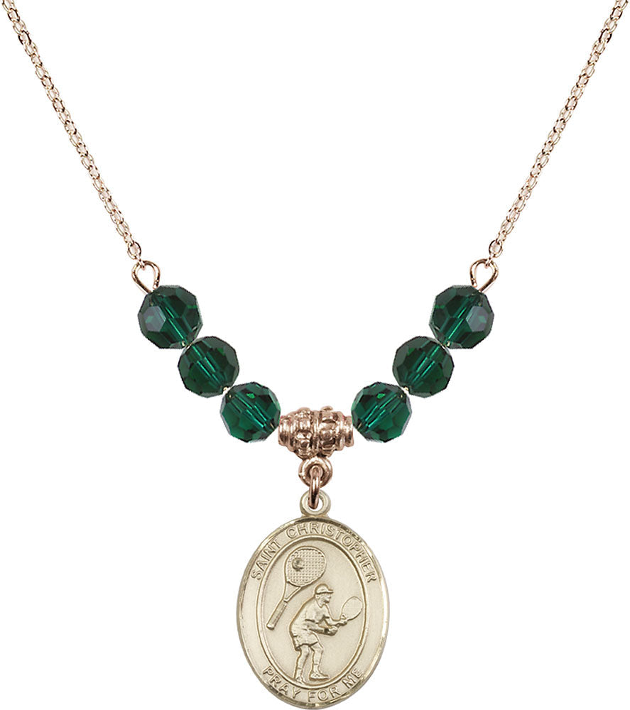 14kt Gold Filled Saint Christopher/Tennis Birthstone Necklace with Emerald Beads - 8505