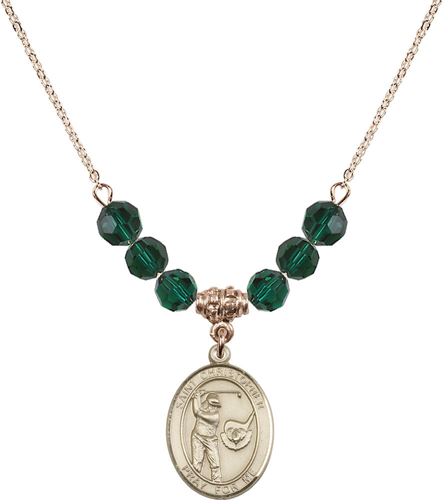 14kt Gold Filled Saint Christopher/Golf Birthstone Necklace with Emerald Beads - 8506