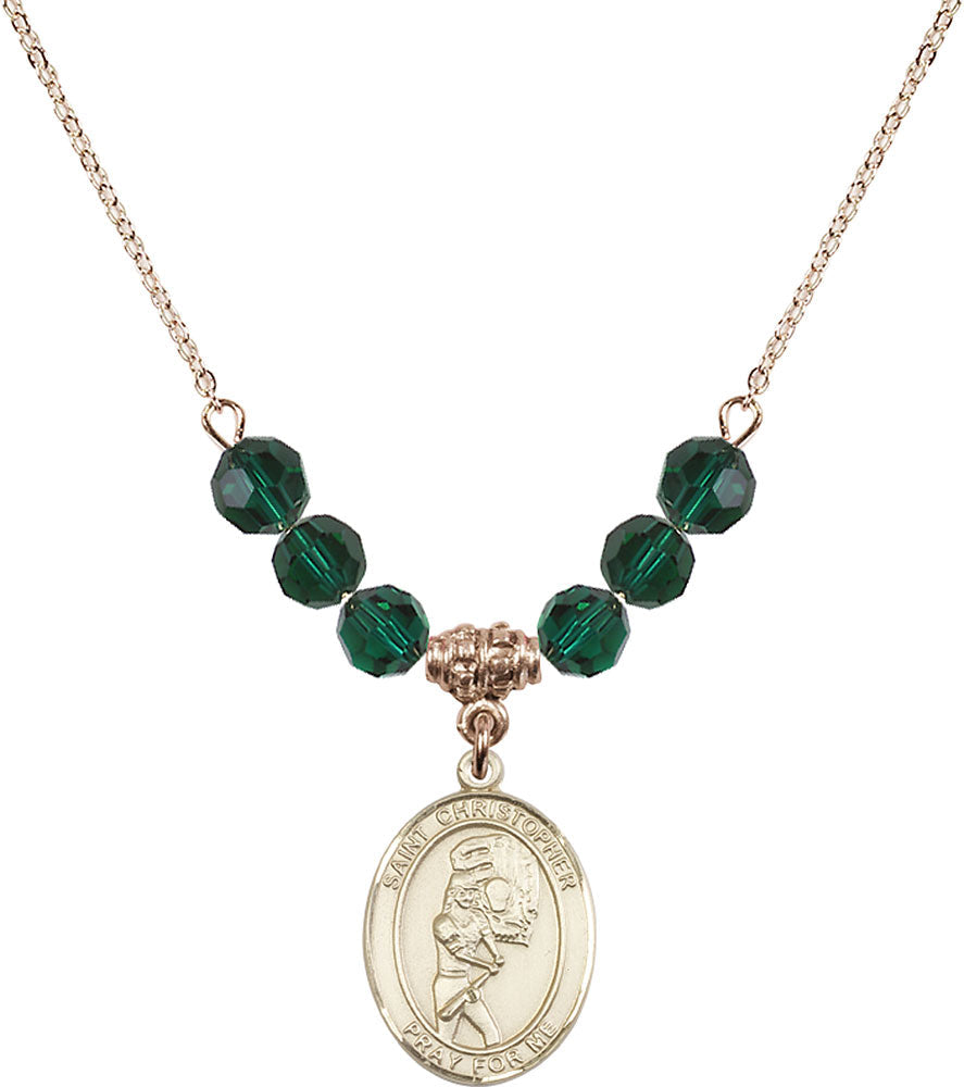 14kt Gold Filled Saint Christopher/Softball Birthstone Necklace with Emerald Beads - 8507