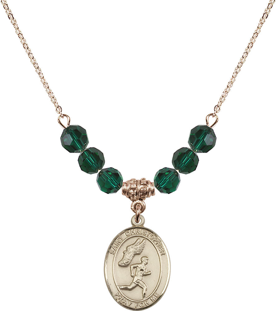 14kt Gold Filled Saint Christopher/Track&Field-Men Birthstone Necklace with Emerald Beads - 8509