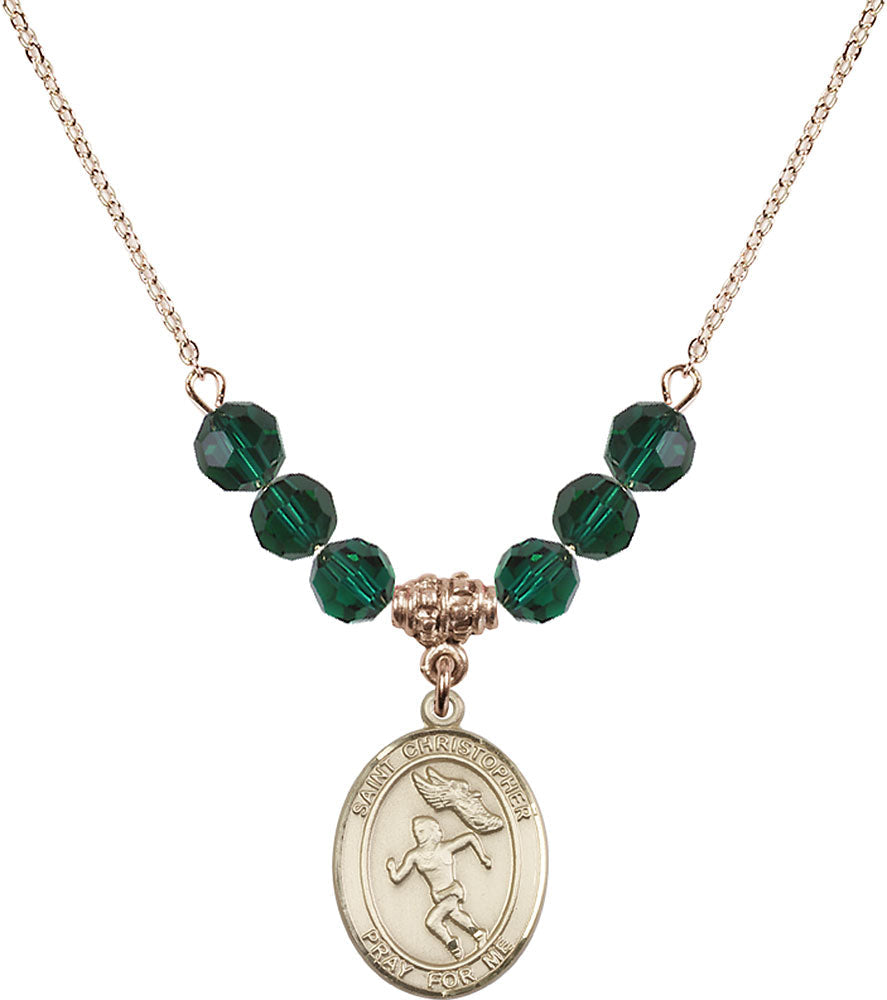 14kt Gold Filled Saint Christopher/Track&Field-Women Birthstone Necklace with Emerald Beads - 8510