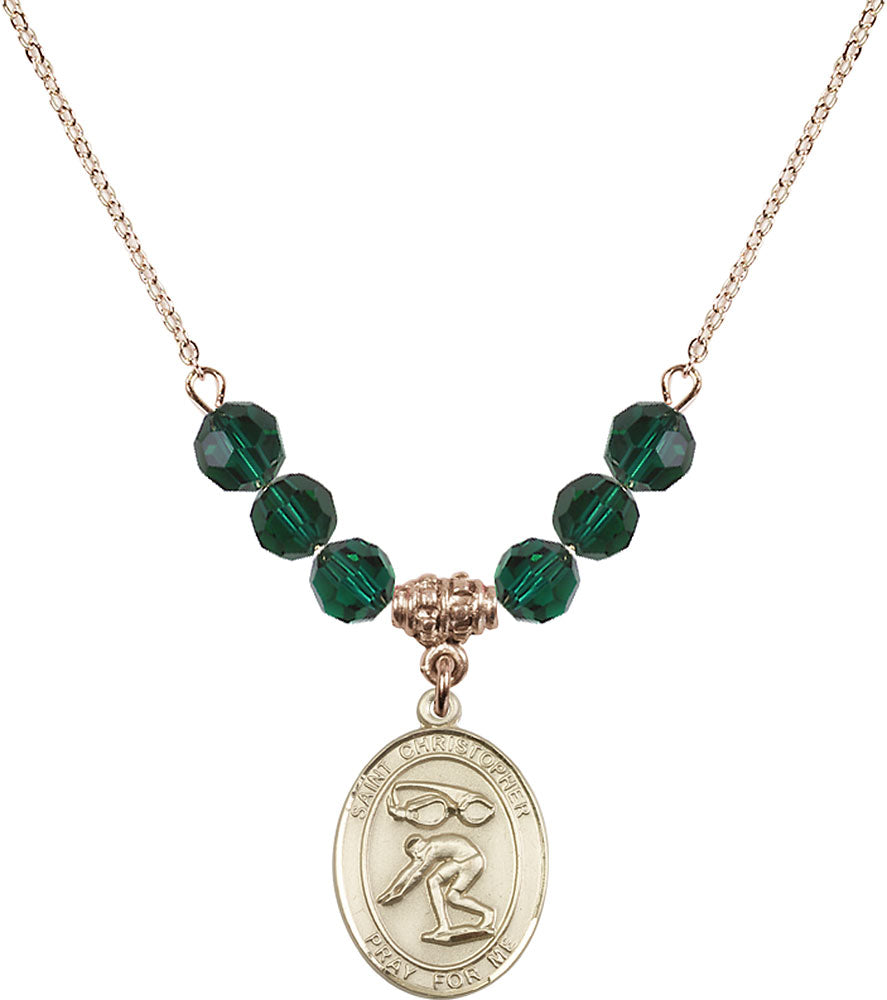 14kt Gold Filled Saint Christopher/Swimming Birthstone Necklace with Emerald Beads - 8511