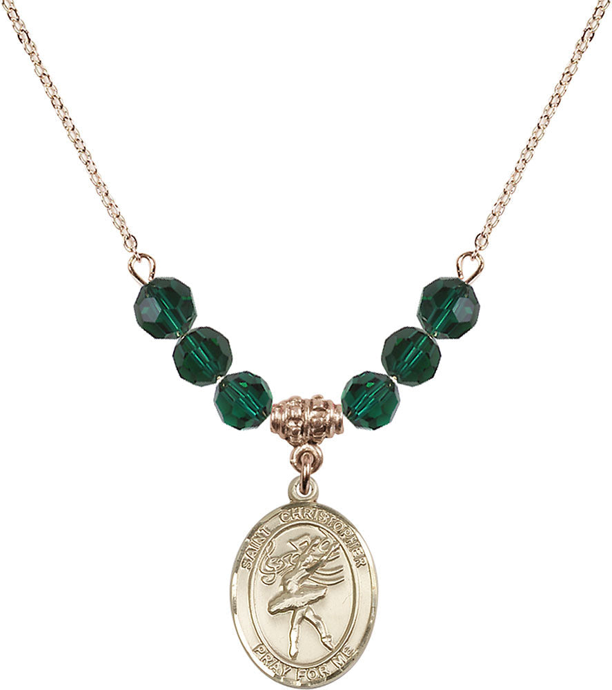 14kt Gold Filled Saint Christopher/Dance Birthstone Necklace with Emerald Beads - 8512