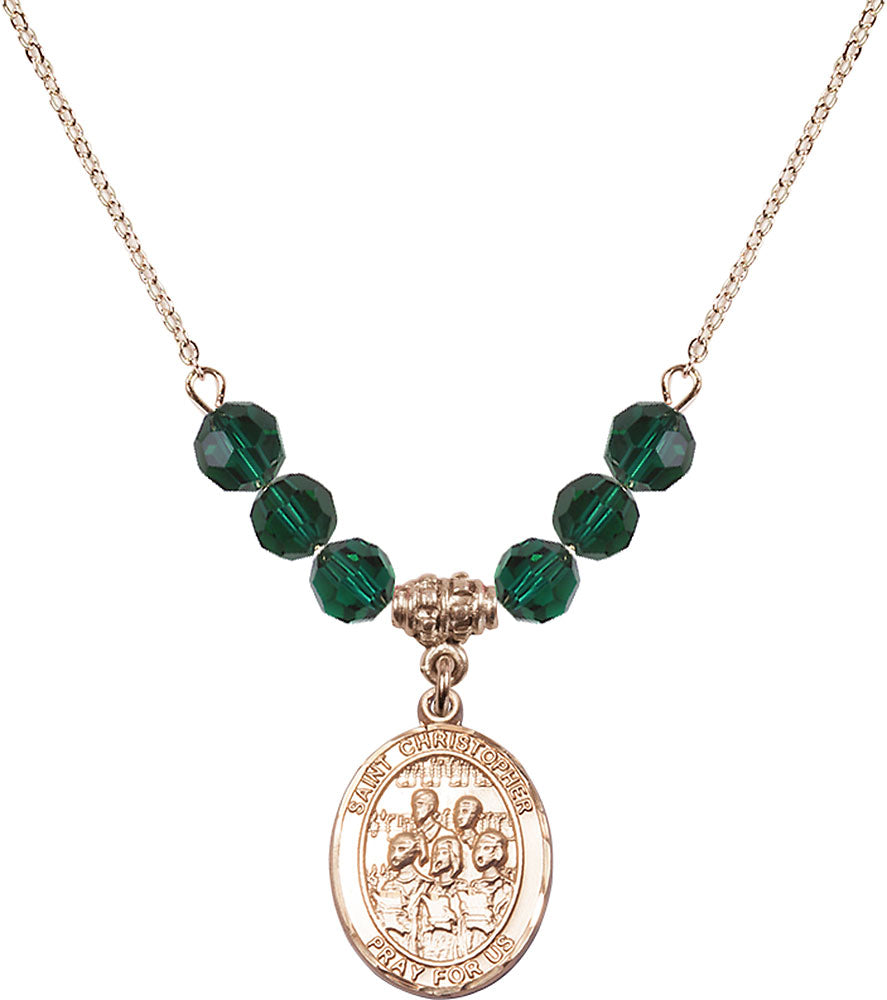 14kt Gold Filled Saint Christopher / Choir Birthstone Necklace with Emerald Beads - 8514