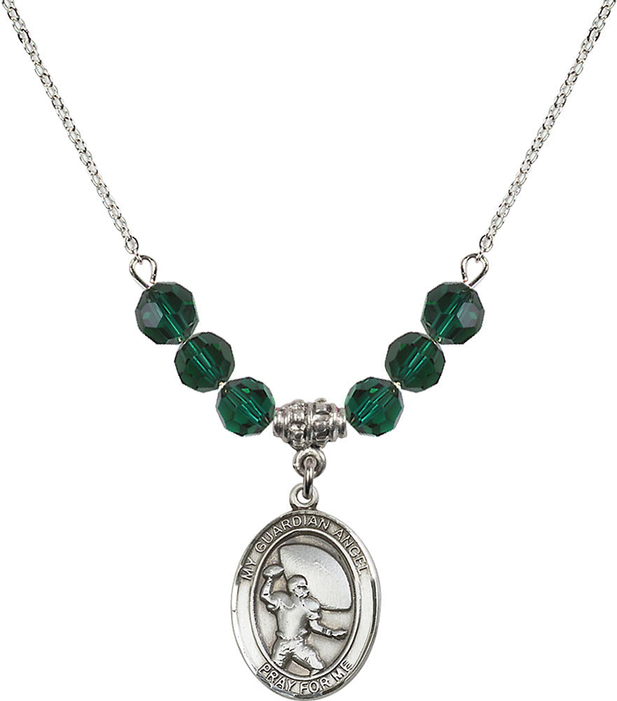 Sterling Silver Guardian Angel/Football Birthstone Necklace with Emerald Beads - 8701