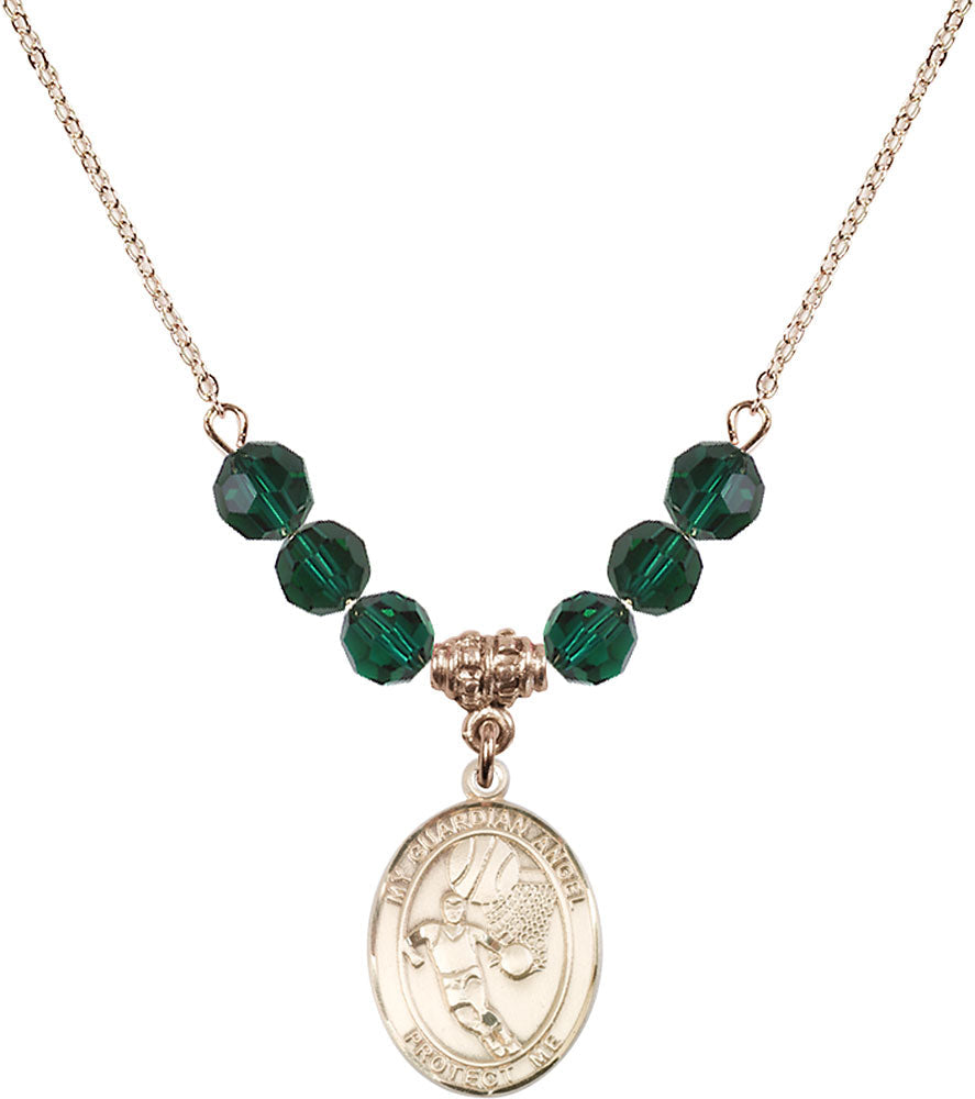 14kt Gold Filled Guardian Angel/Basketball Birthstone Necklace with Emerald Beads - 8702
