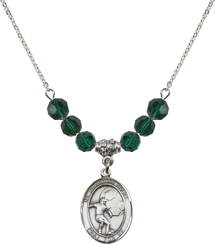 Sterling Silver Guardian Angel/Soccer Birthstone Necklace with Emerald Beads - 8703