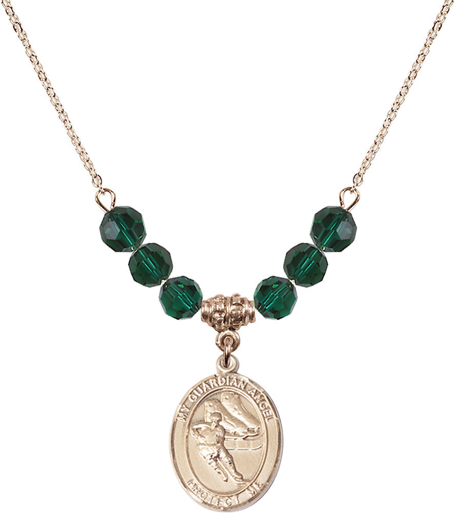 14kt Gold Filled Guardian Angel/Hockey Birthstone Necklace with Emerald Beads - 8704