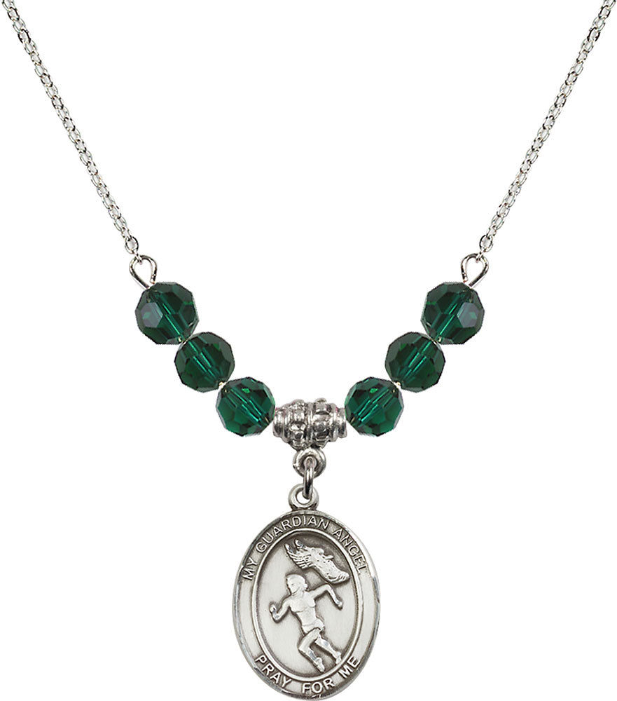 Sterling Silver Guardian Angel/Track&Field-Women Birthstone Necklace with Emerald Beads - 8710