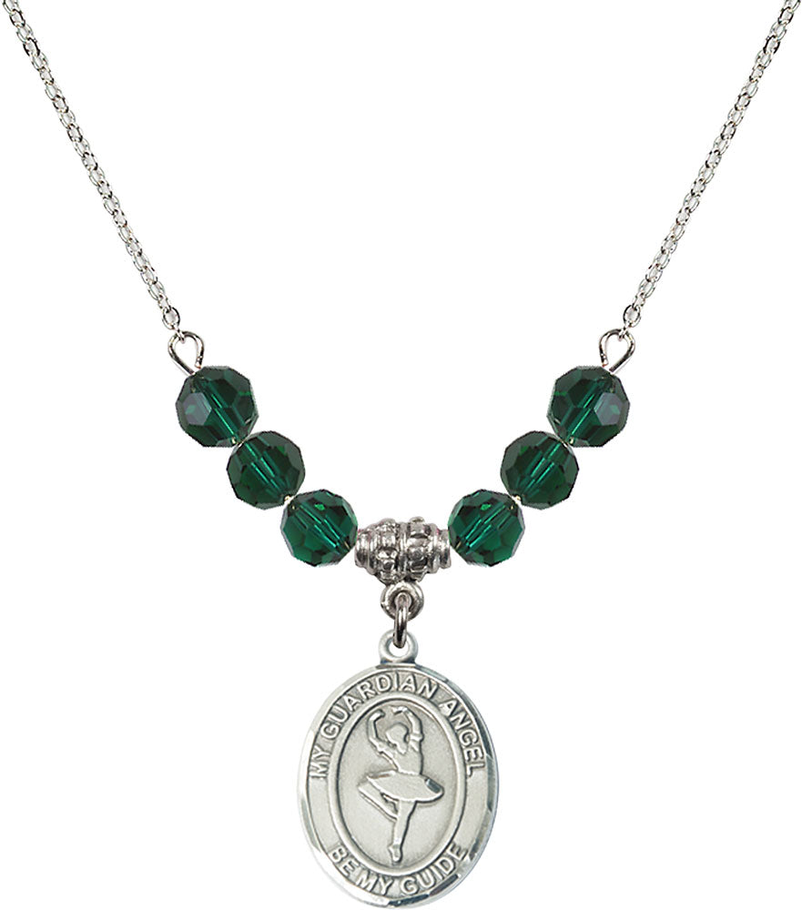 Sterling Silver Guardian Angel/Dance Birthstone Necklace with Emerald Beads - 8712