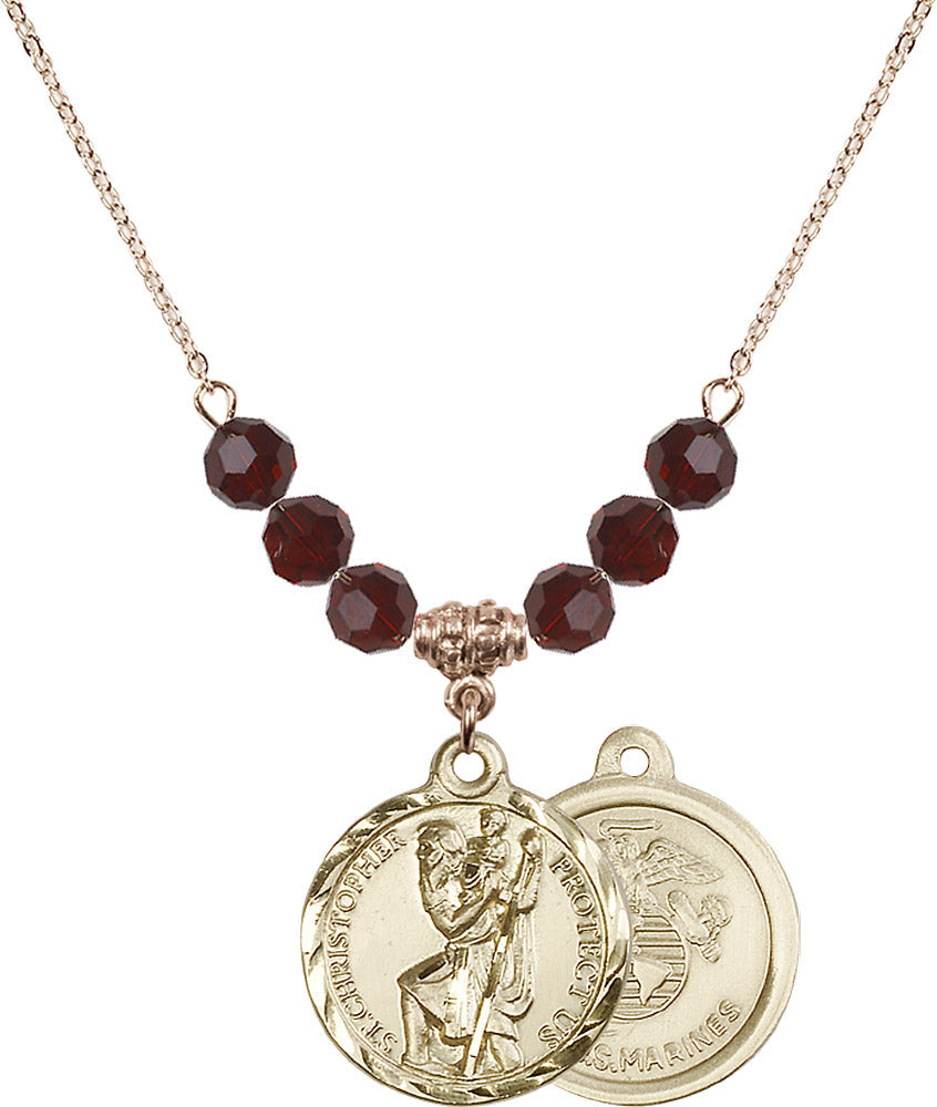 14kt Gold Filled Saint Christopher / Marines Birthstone Necklace with Garnet Beads - 0192