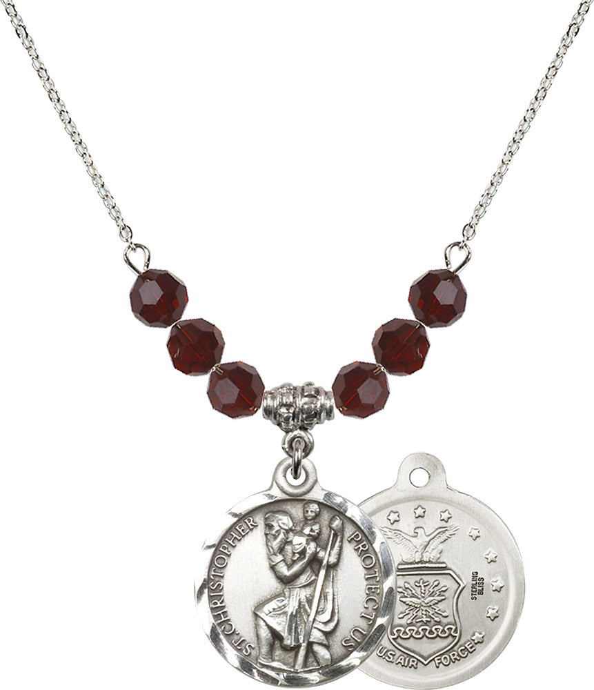 Sterling Silver Saint Christopher / Air Force Birthstone Necklace with Garnet Beads - 0192