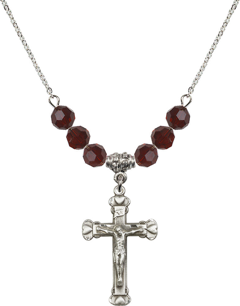 Sterling Silver Crucifix Birthstone Necklace with Garnet Beads - 0620