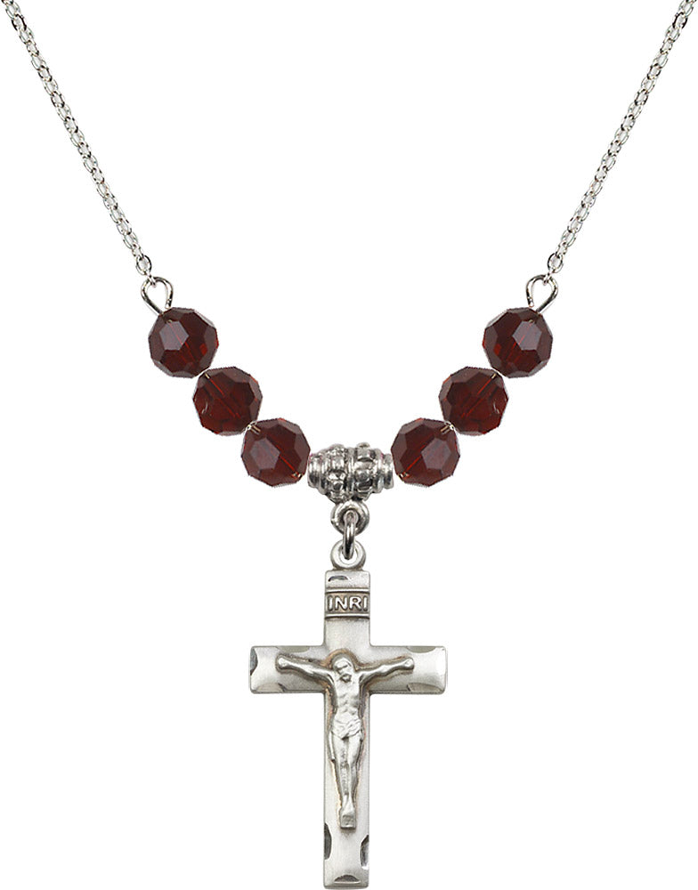 Sterling Silver Crucifix Birthstone Necklace with Garnet Beads - 0624