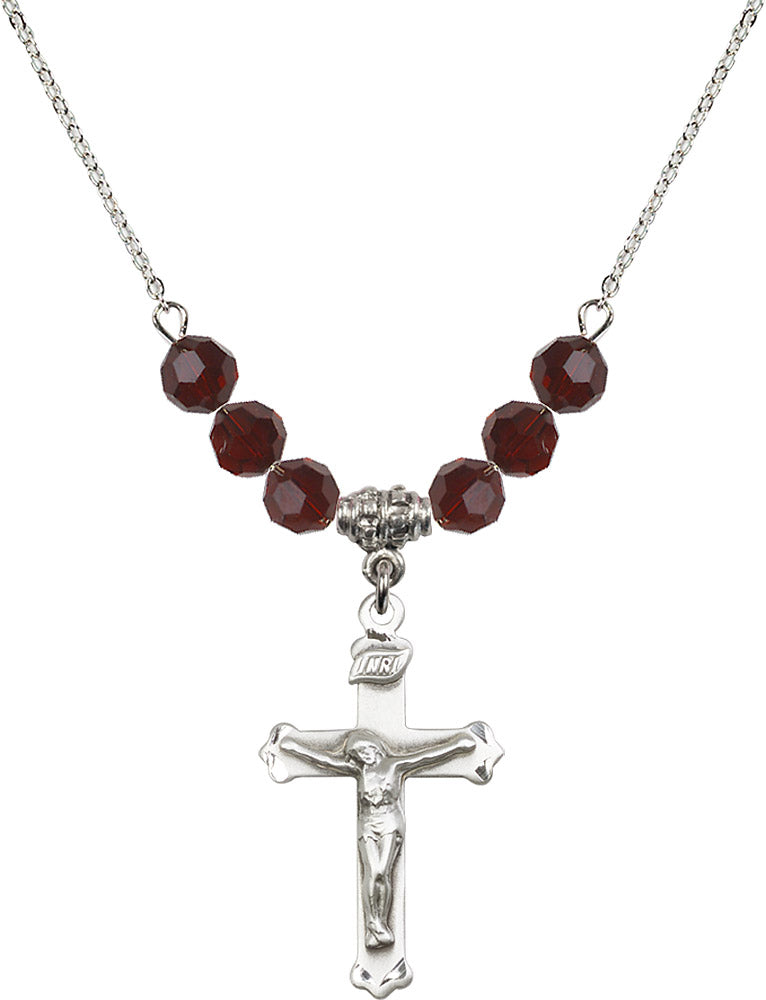 Sterling Silver Crucifix Birthstone Necklace with Garnet Beads - 0651