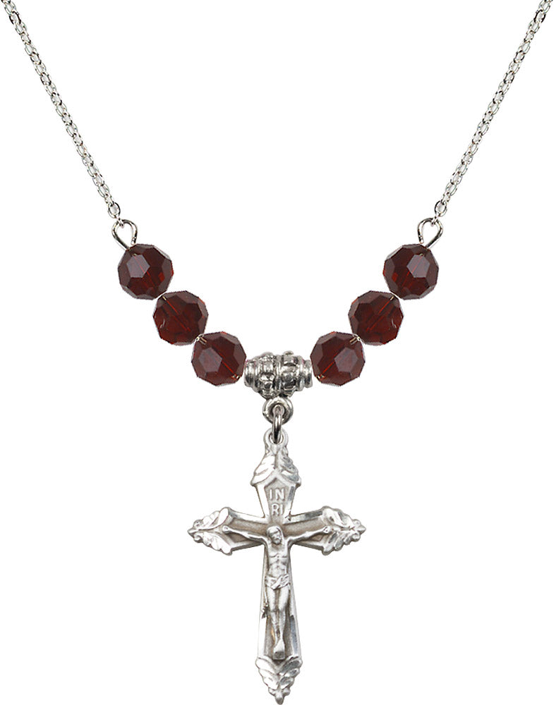 Sterling Silver Crucifix Birthstone Necklace with Garnet Beads - 0665