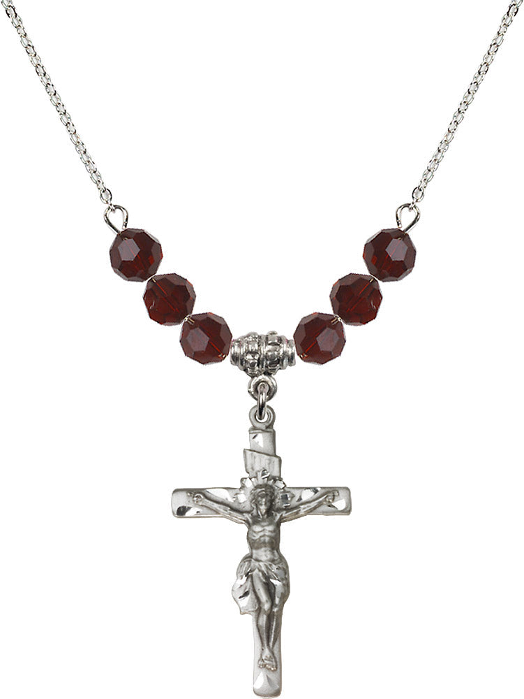 Sterling Silver Crucifix Birthstone Necklace with Garnet Beads - 0668