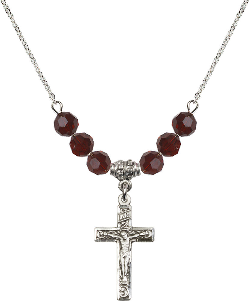 Sterling Silver Crucifix Birthstone Necklace with Garnet Beads - 0673