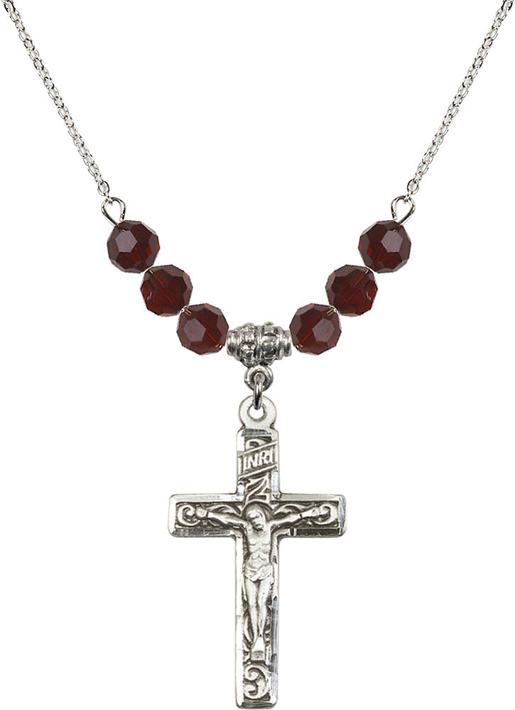 Sterling Silver Crucifix Birthstone Necklace with Garnet Beads - 0674