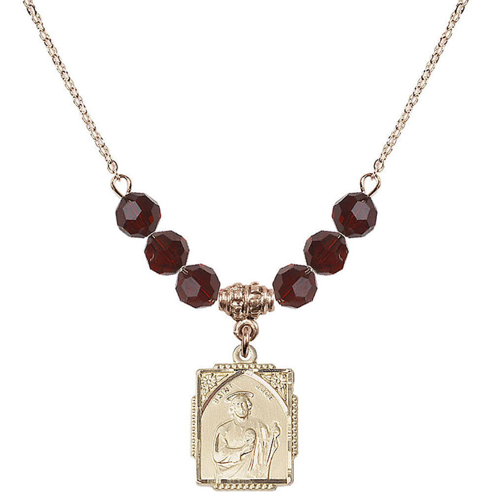14kt Gold Filled Saint Jude Birthstone Necklace with Garnet Beads - 0804