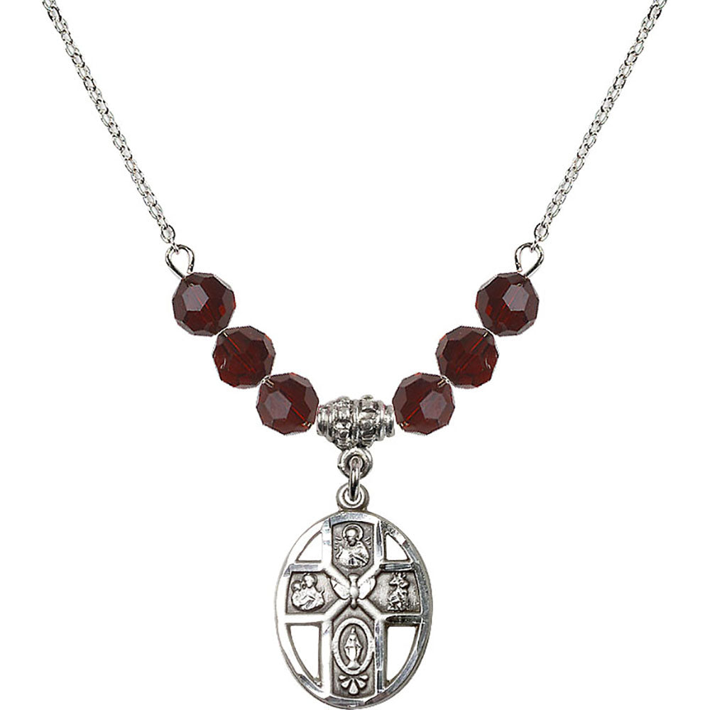 Sterling Silver 5-Way / Holy Spirit Birthstone Necklace with Garnet Beads - 0880