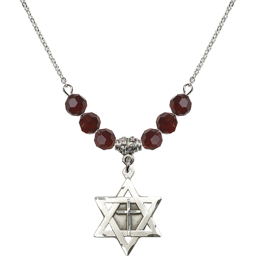 Sterling Silver Star of David w/ Cross Birthstone Necklace with Garnet Beads - 1210