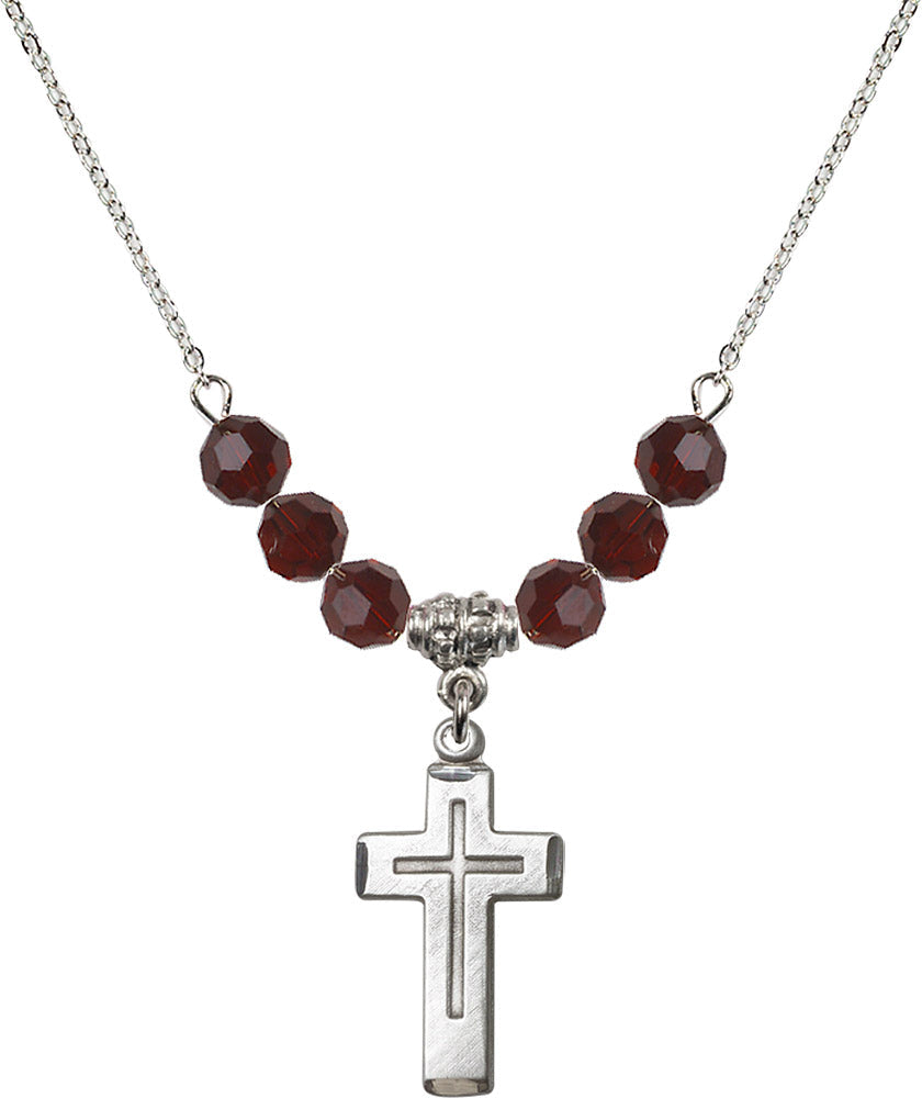 Sterling Silver Cross Birthstone Necklace with Garnet Beads - 1529