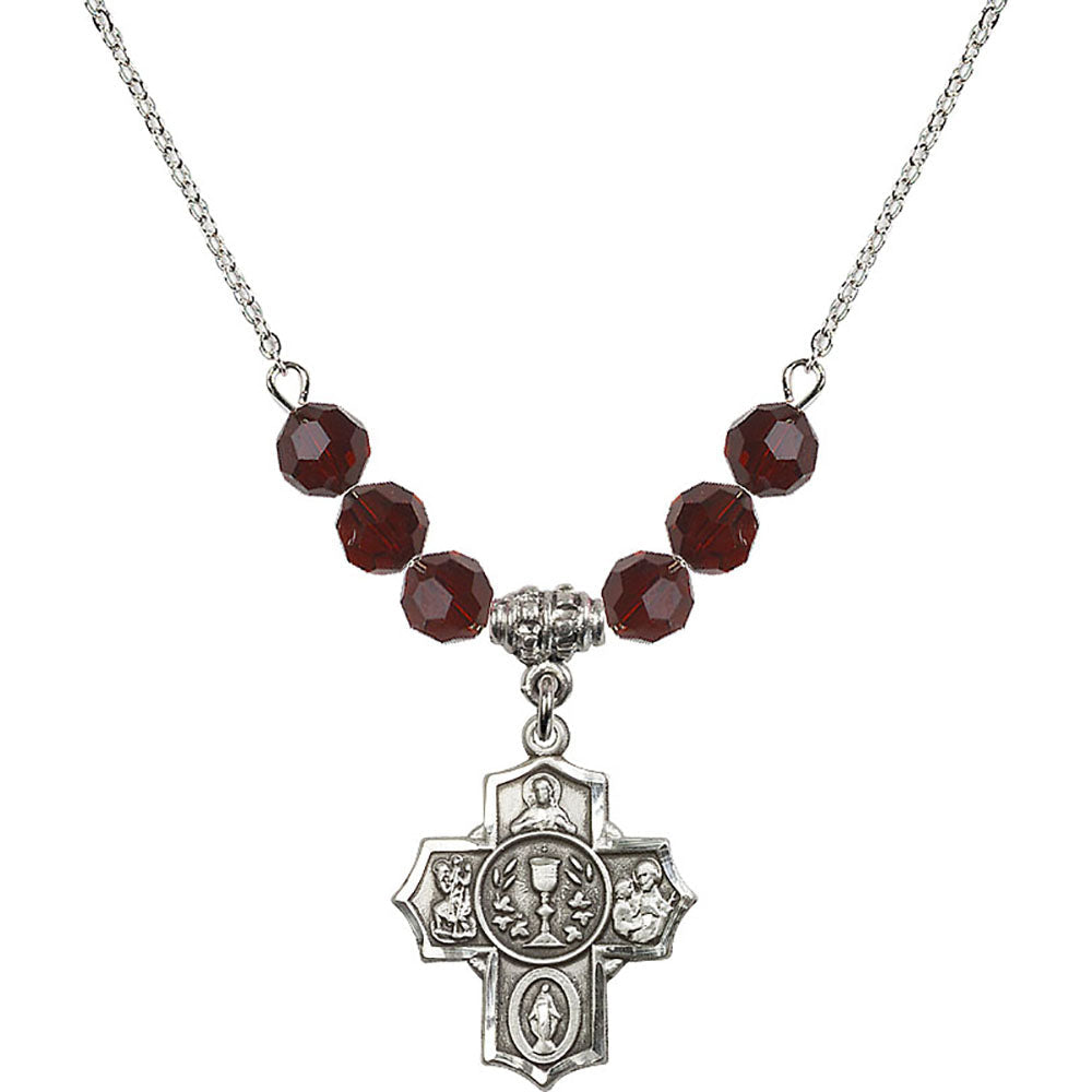 Sterling Silver Communion/5-Way Birthstone Necklace with Garnet Beads - 2004