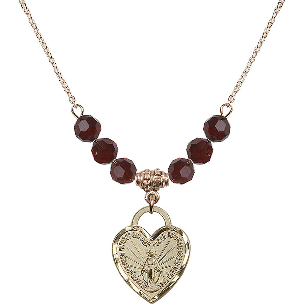 14kt Gold Filled Miraculous Heart Birthstone Necklace with Garnet Beads - 3201