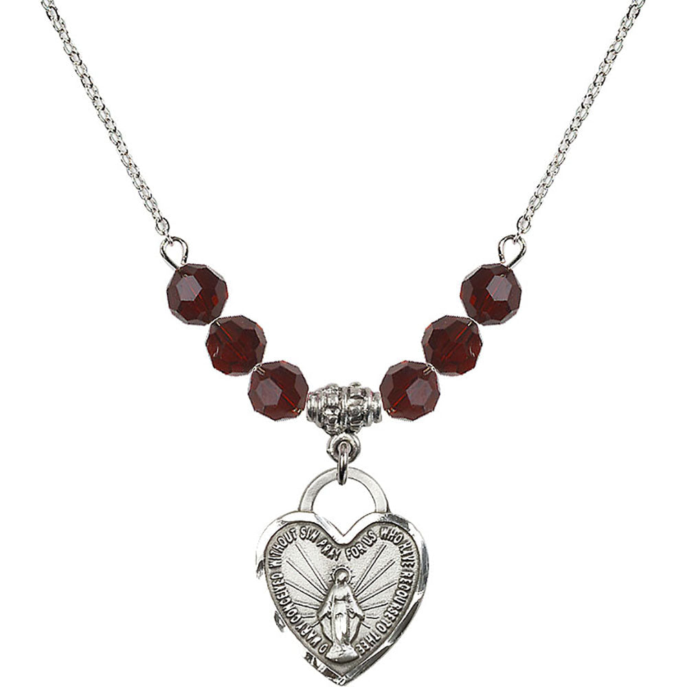 Sterling Silver Miraculous Heart Birthstone Necklace with Garnet Beads - 3201