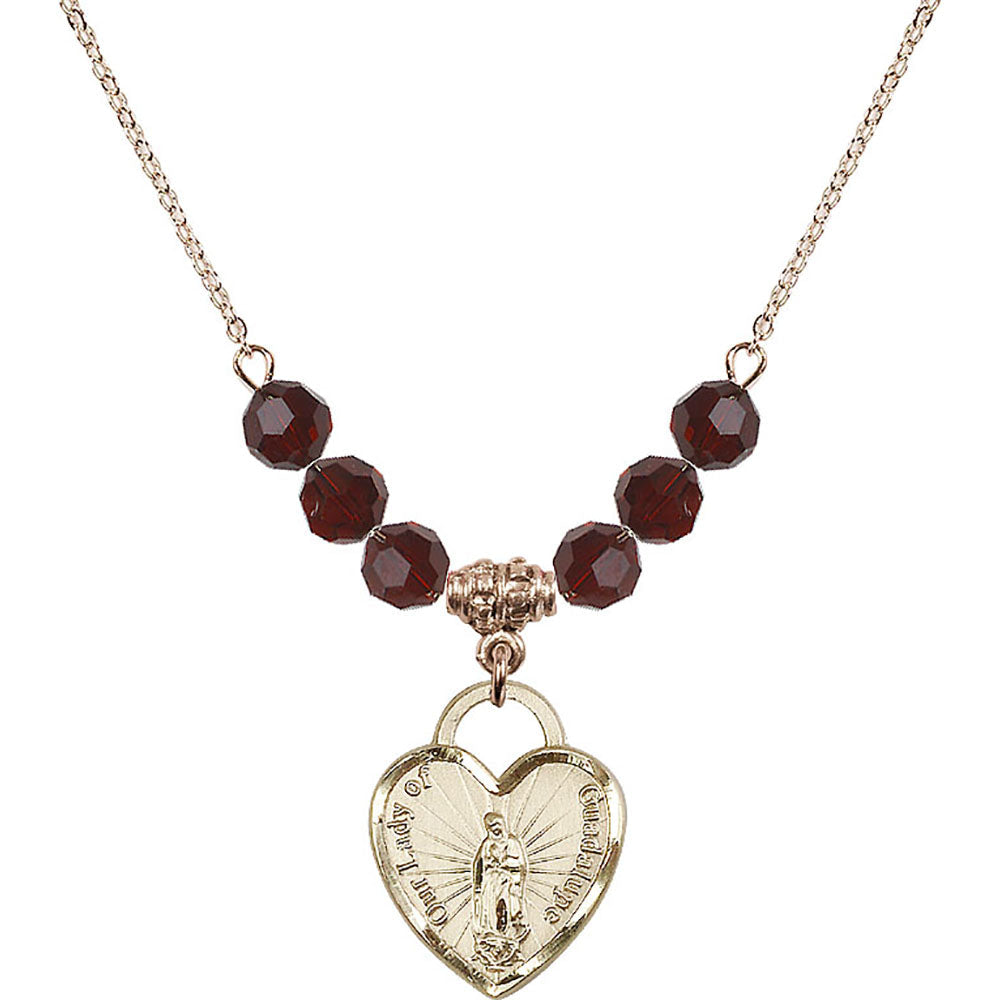 14kt Gold Filled Our Lady of Guadalupe Heart / Recuerdo Birthstone Necklace with Garnet Beads - 3209