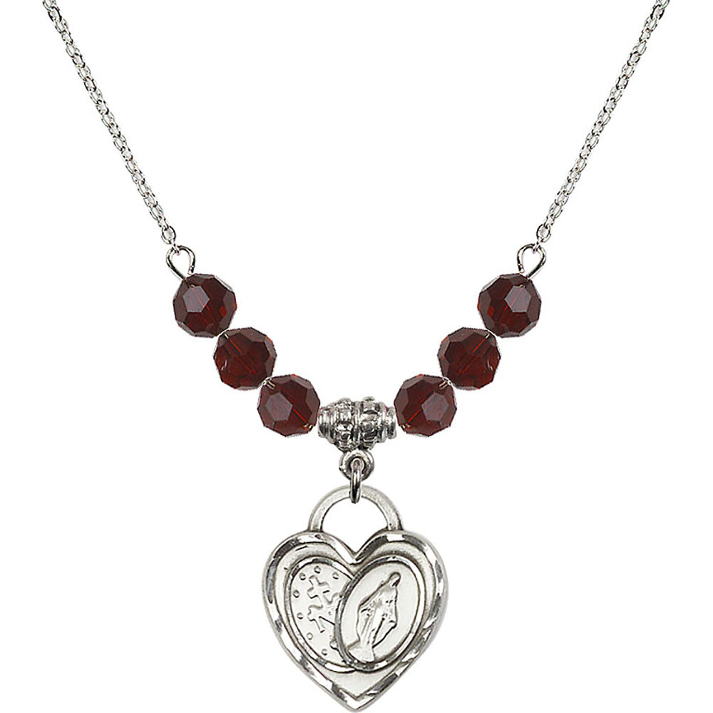 Sterling Silver Miraculous Heart Birthstone Necklace with Garnet Beads - 3212