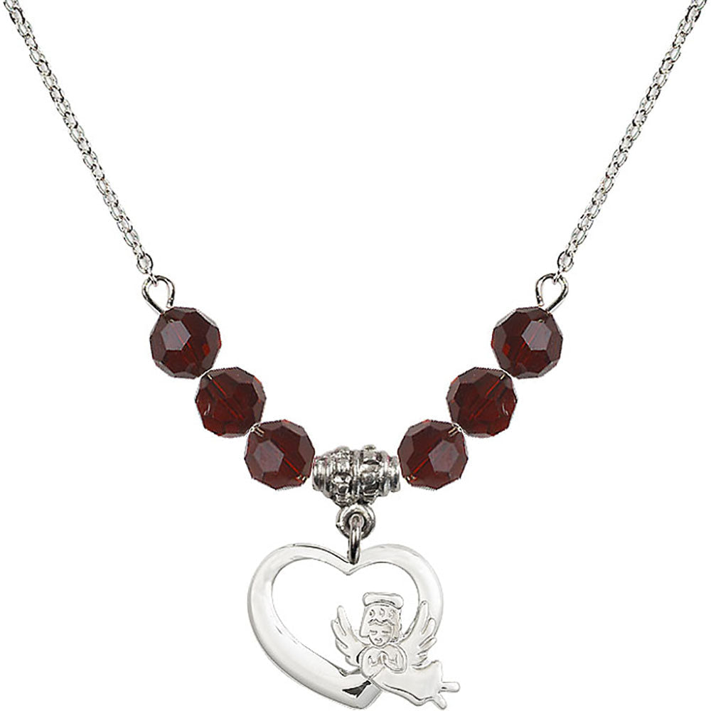 Sterling Silver Heart / Guardian Angel Birthstone Necklace with Garnet Beads - 4206