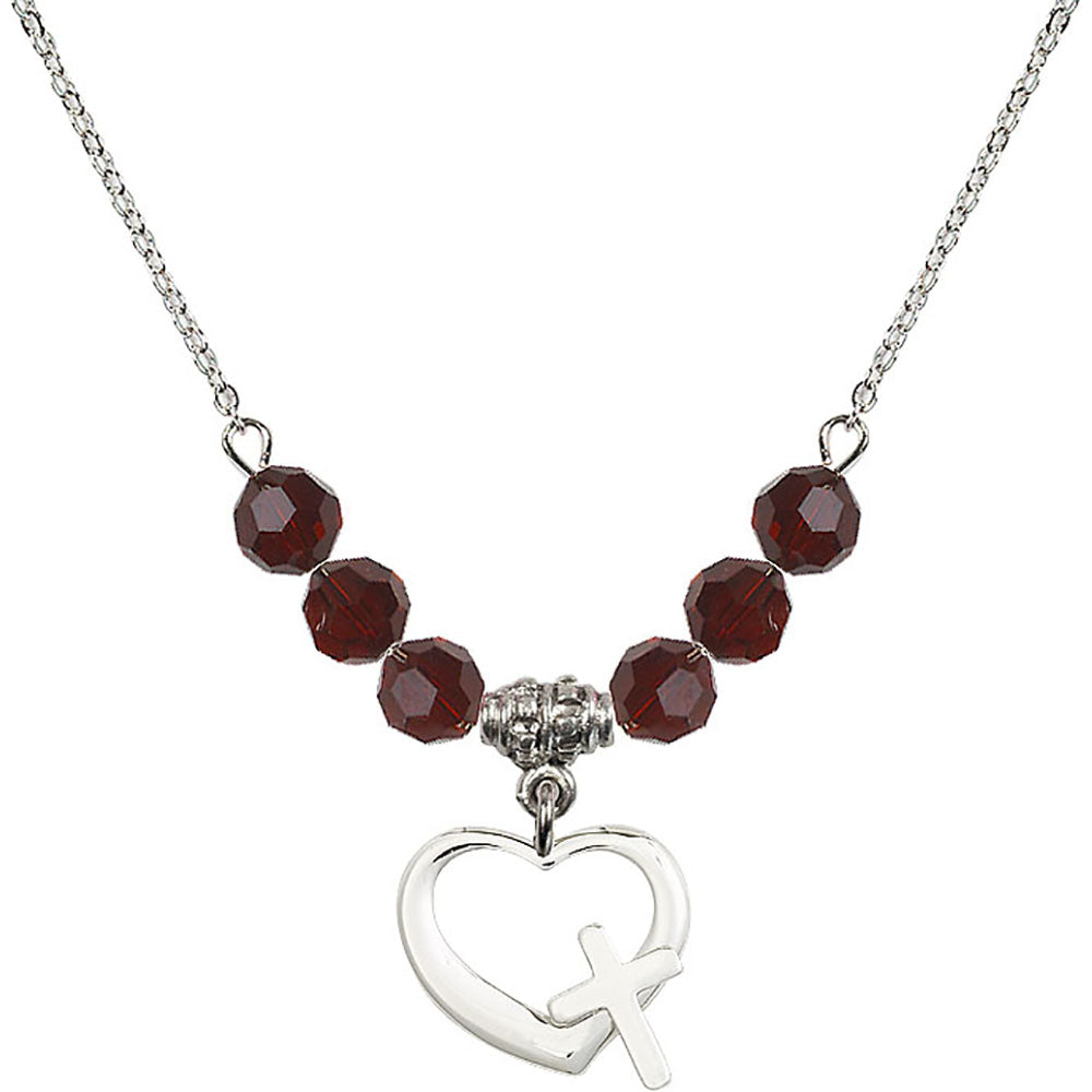 Sterling Silver Heart / Cross Birthstone Necklace with Garnet Beads - 4207