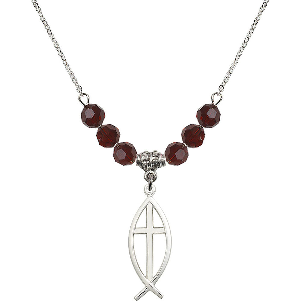 Sterling Silver Fish / Cross Birthstone Necklace with Garnet Beads - 4252