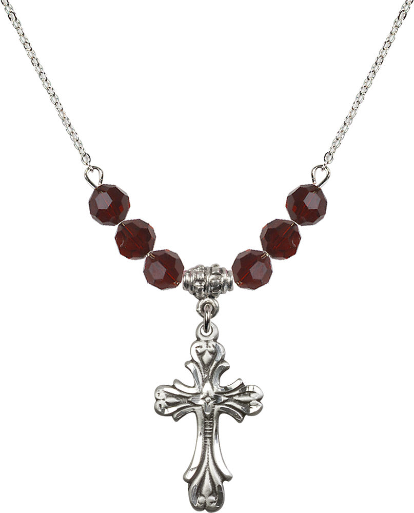 Sterling Silver Cross Birthstone Necklace with Garnet Beads - 5419