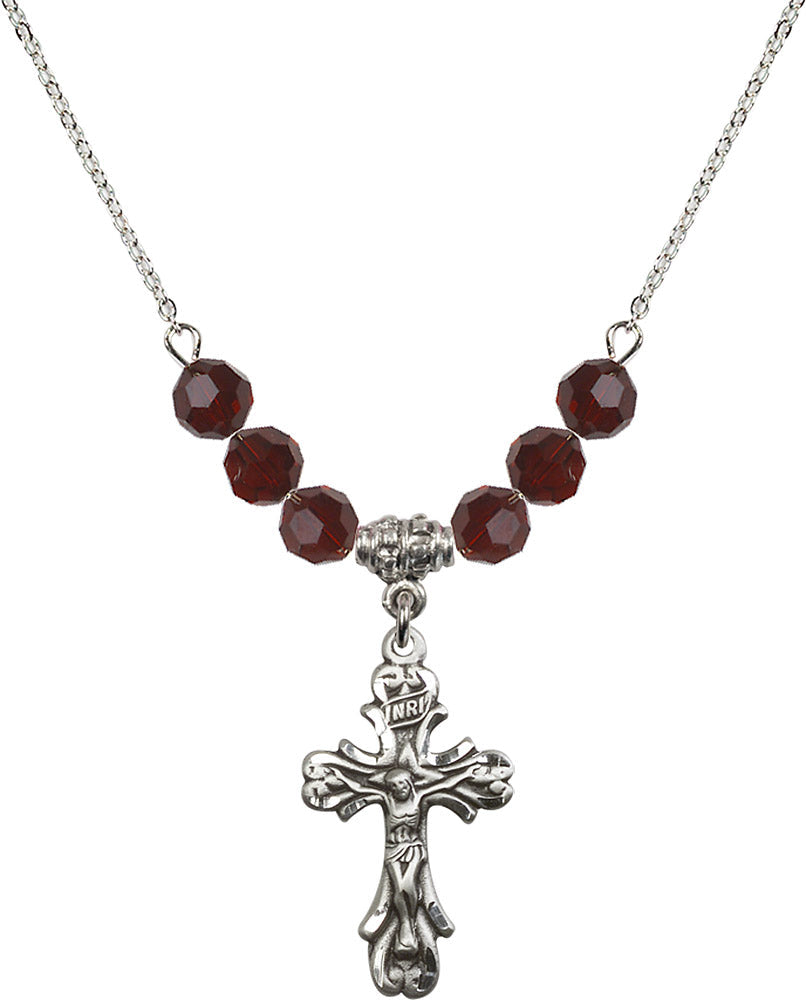 Sterling Silver Crucifix Birthstone Necklace with Garnet Beads - 5421