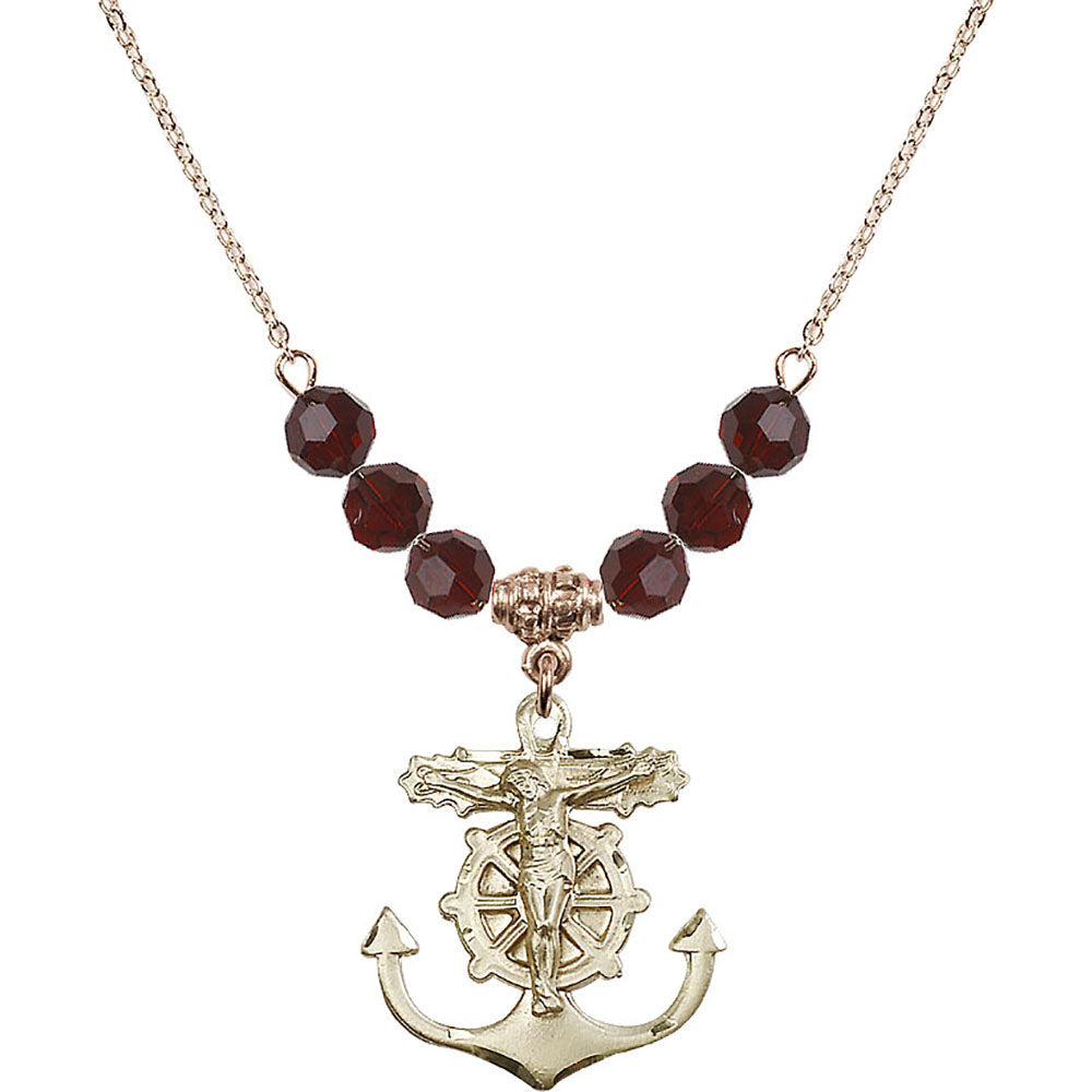 14kt Gold Filled Anchor Crucifix Birthstone Necklace with Garnet Beads - 5685
