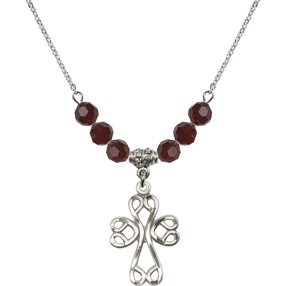 Sterling Silver Scroll Cross Birthstone Necklace with Garnet Beads - 5998