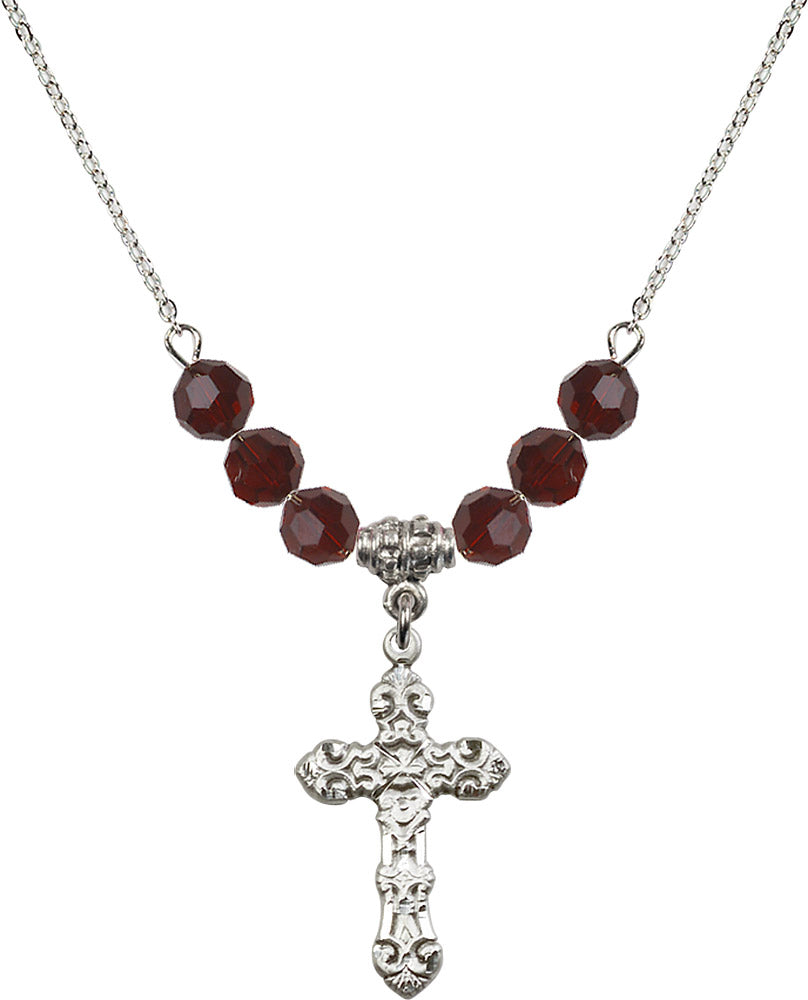 Sterling Silver Cross Birthstone Necklace with Garnet Beads - 6001