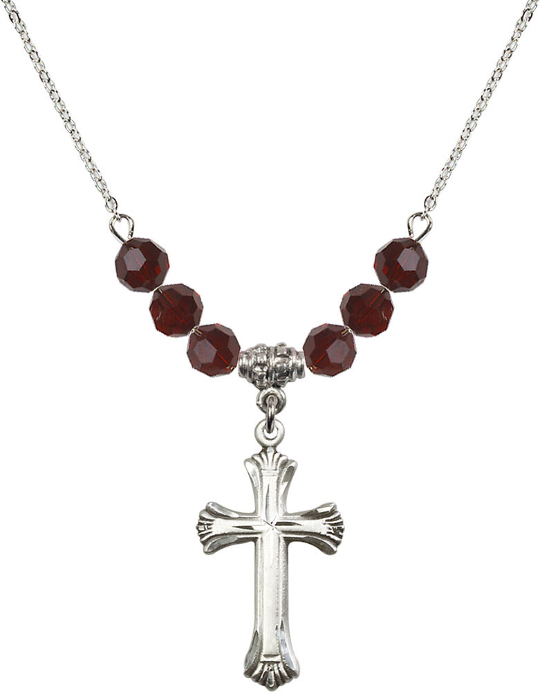 Sterling Silver Cross Birthstone Necklace with Garnet Beads - 6013