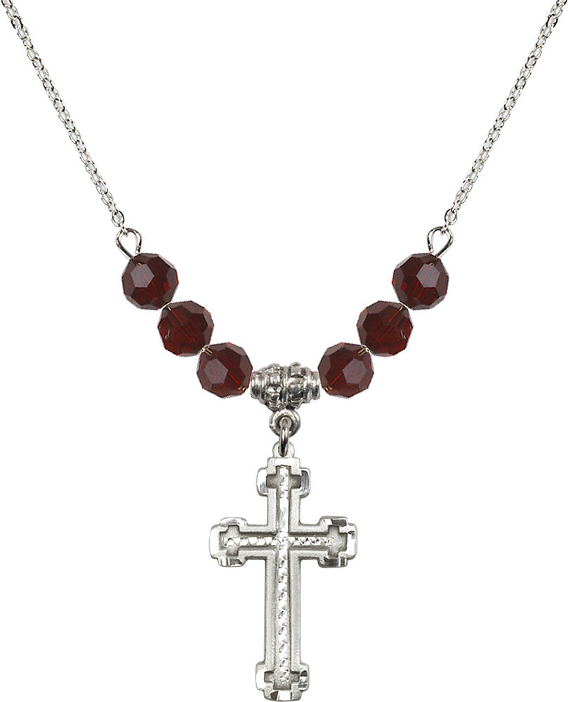 Sterling Silver Cross Birthstone Necklace with Garnet Beads - 6039