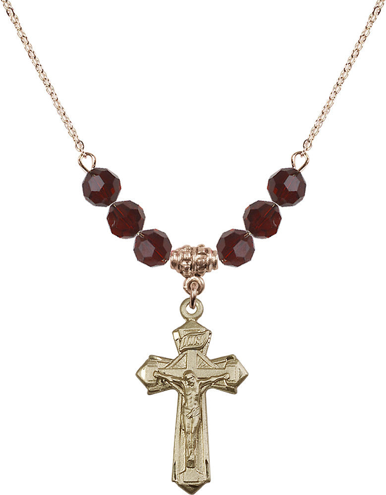 14kt Gold Filled Crucifix Birthstone Necklace with Garnet Beads - 6092