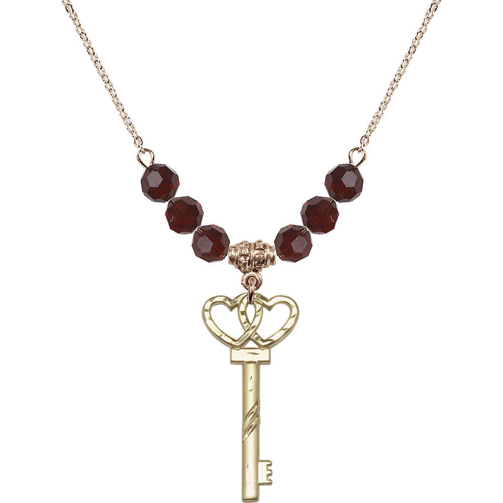 14kt Gold Filled Small Key w/Double Hearts Birthstone Necklace with Garnet Beads - 6213