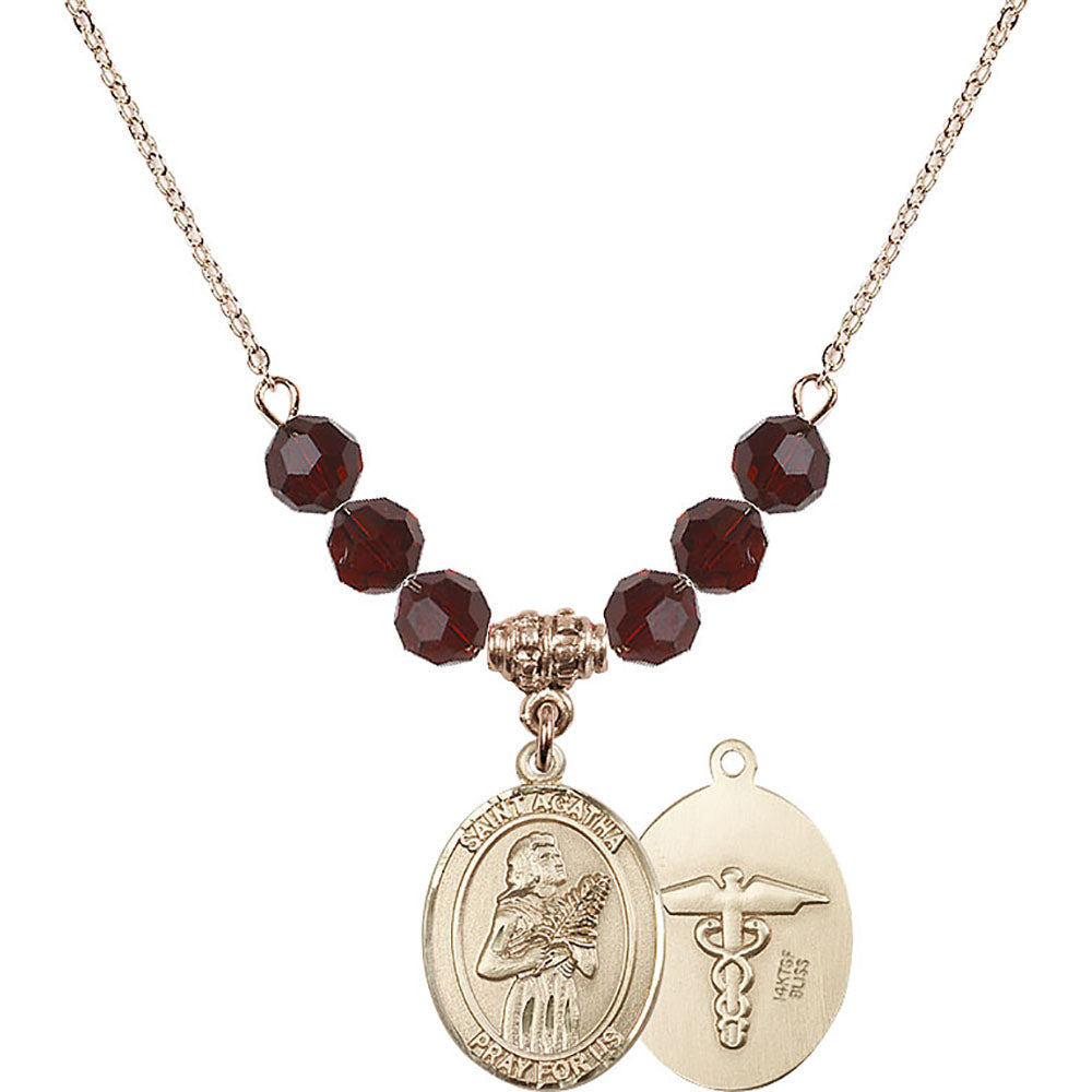 14kt Gold Filled Saint Agatha / Nurse Birthstone Necklace with Garnet Beads - 8003